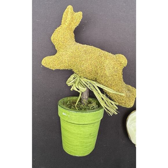 Mossy Green Flocked Bunny Rabbit In Flower Pot Spring Easter Decor - Picture 6 of 8